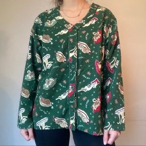 Cute Green Cat Nap Button Up Pajama Top